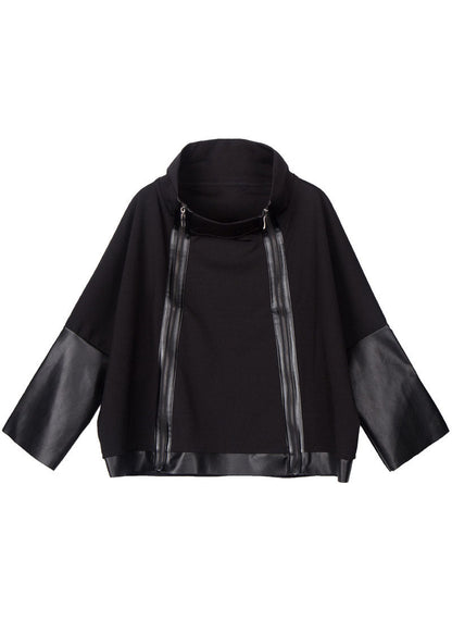 Simple Black Stand Collar Zippered Pu Patchwork Fall Long Sleeve Coat