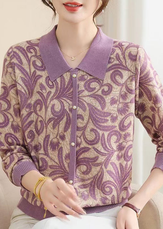 Purple Peter Pan Collar Print Knit Sweaters Fall