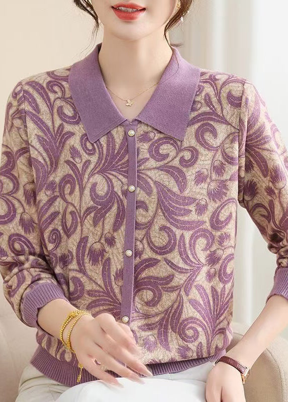 Purple Peter Pan Collar Print Knit Sweaters Fall