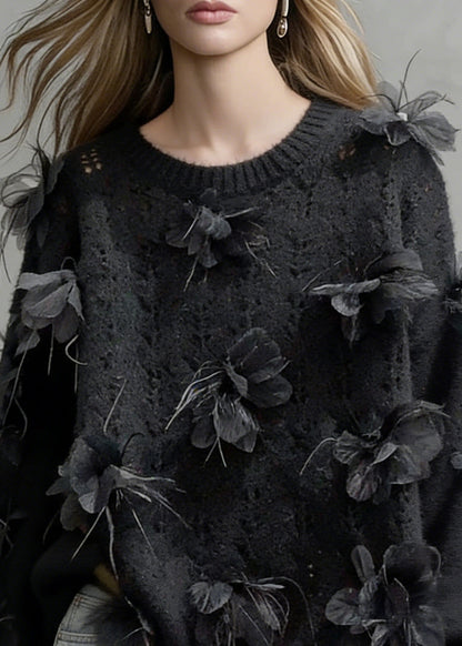 Black O-neck Hollow Out Knit Sweaters