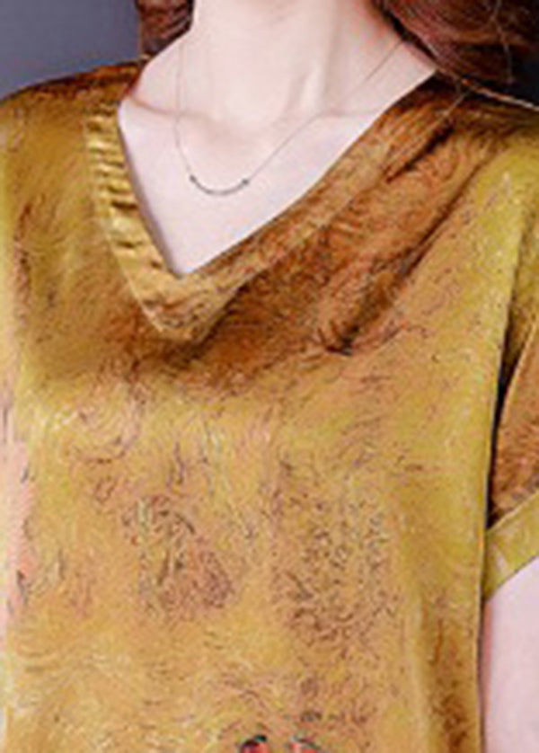 Yellow V Neck Original Design Print Side Open Silk Top Short Sleeve