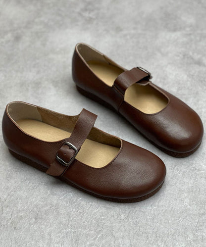 Chocolate Cowhide Leather Flat Shoes for Buckle Strap Flat Shoes for