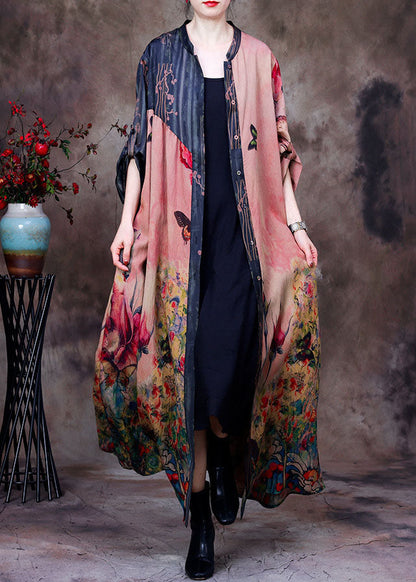 Colorblock Stand Collar Pockets Patchwork Silk Trench Coats Long Sleeve