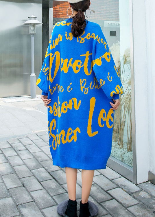 French Blue Loose O-neck Knit Fall Sweater Dress