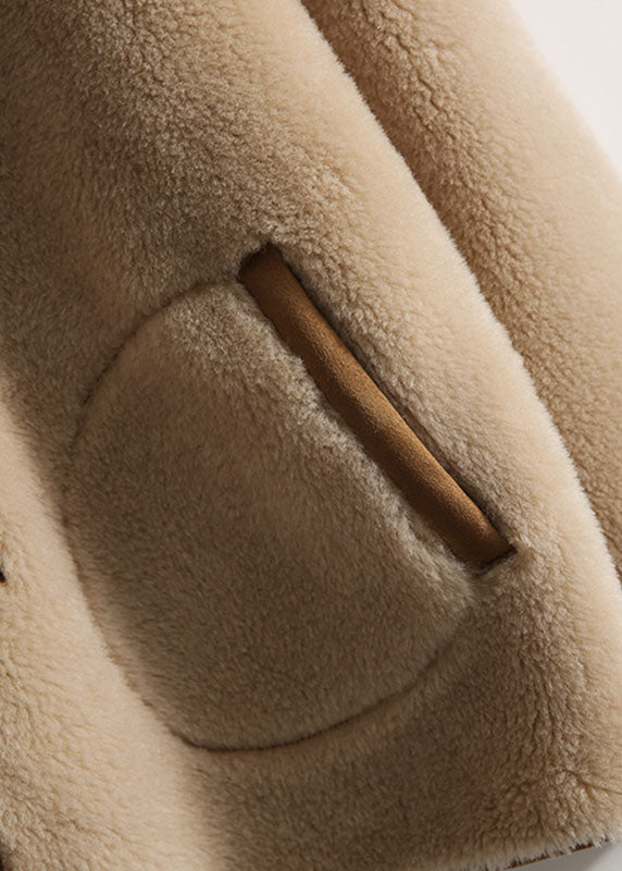 Light Camel Patchwork Button Hooded Faux Fur Coats Long Sleeve