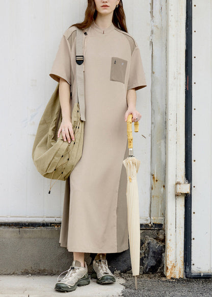 Khaki Stand Collar Pockets Patchwork Cotton Dress Summer