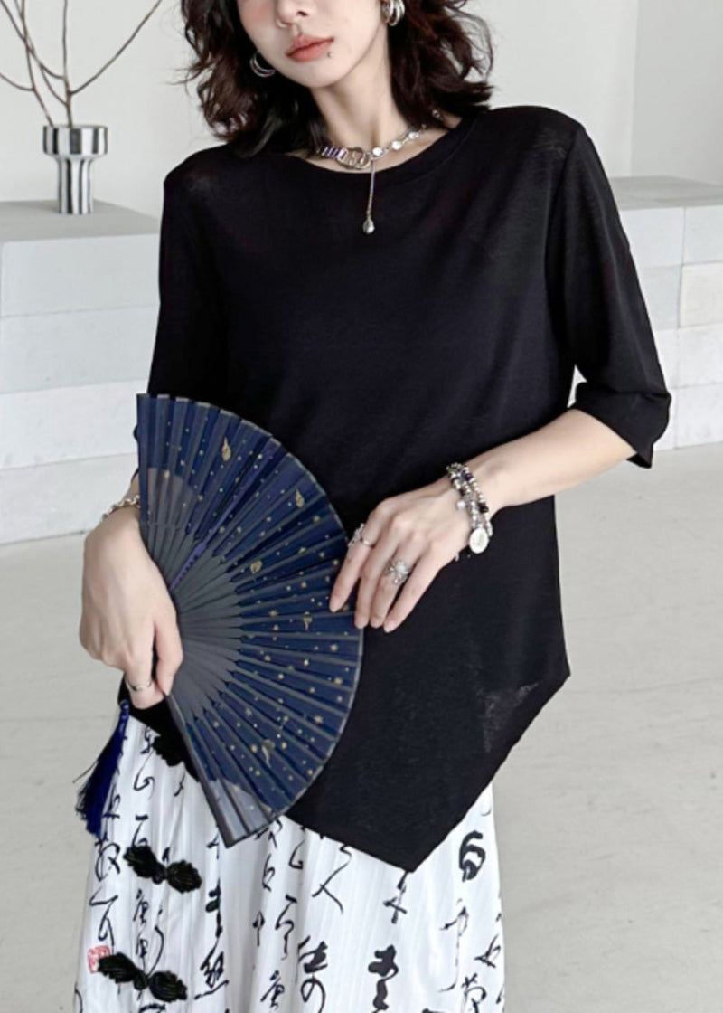 Black O-neck Asymmetrical Patchwork Cotton T Shirt Half Sleeve