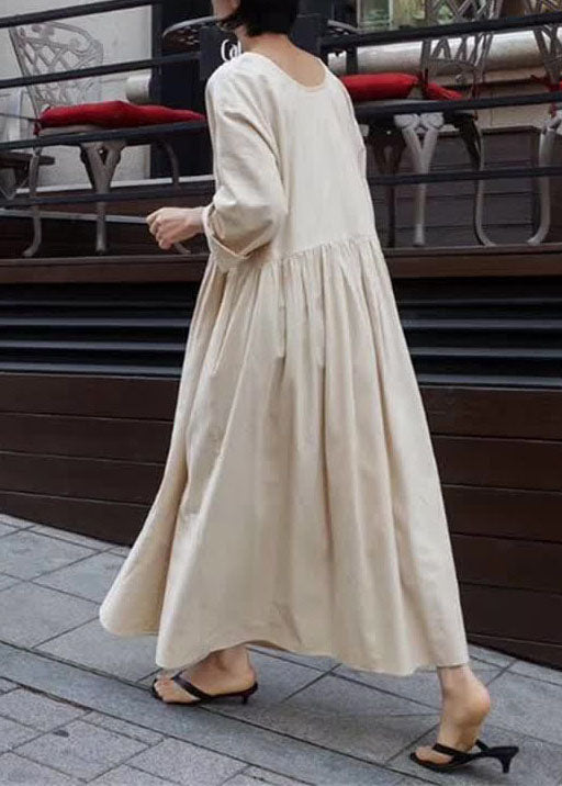 Apricot O Neck Wrinkled Patchwork Cotton Dresses Spring