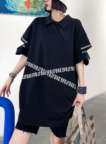 Black Asymmetrical Design Graphic Cotton Summer Holiday Dress