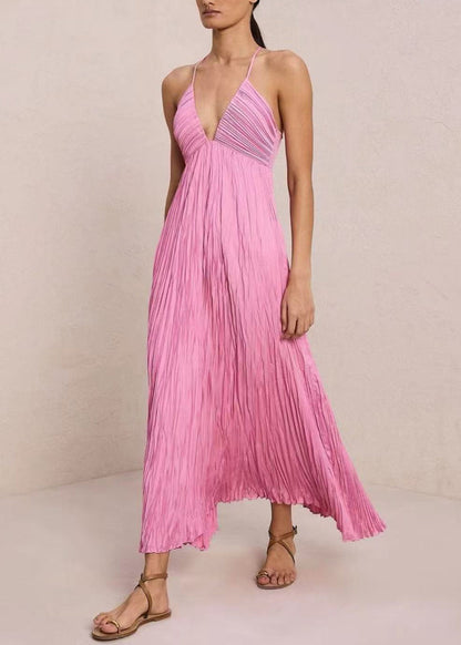 Style Pink V Neck Wrinkled Cotton Spaghetti Strap Dress Summer