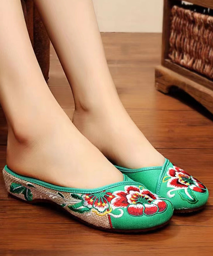Green Cotton Fabric Retro Embroidery Splicing Slide Sandals Soofairy Shoes-20251