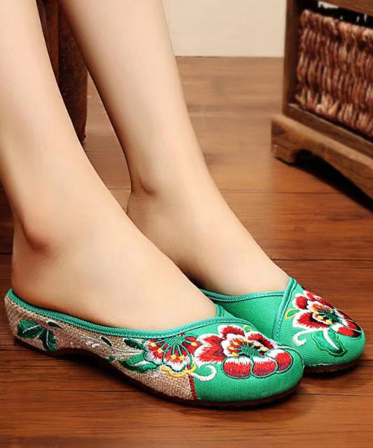 Green Cotton Fabric Retro Embroidery Splicing Slide Sandals Soofairy Shoes-20251