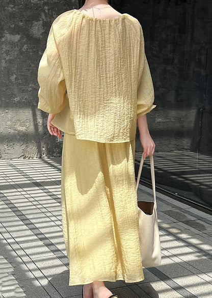 French Yellow Lace Up Tops and Skirts Cotton Two Pieces Set Spring