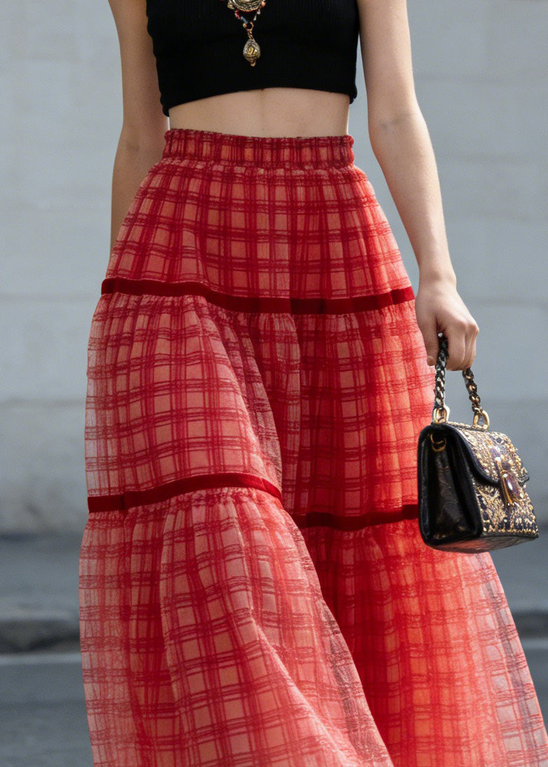 New Red Plaid Wrinkled Patchwork Tulle Skirts Summer