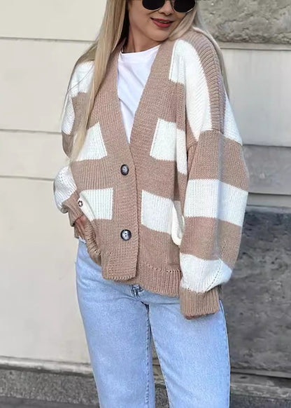 Grey V Neck Pockets Striped Knit Cardigan Fall
