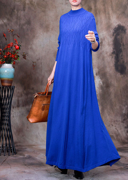 Handmade Blue Stand Collar Slim Fit Knit Long Dresses Spring