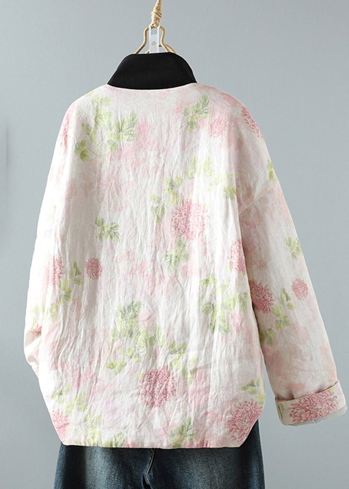 Pink Stand Collar Patchwork Print Fine Cotton Filled Oriental Coats in Winter