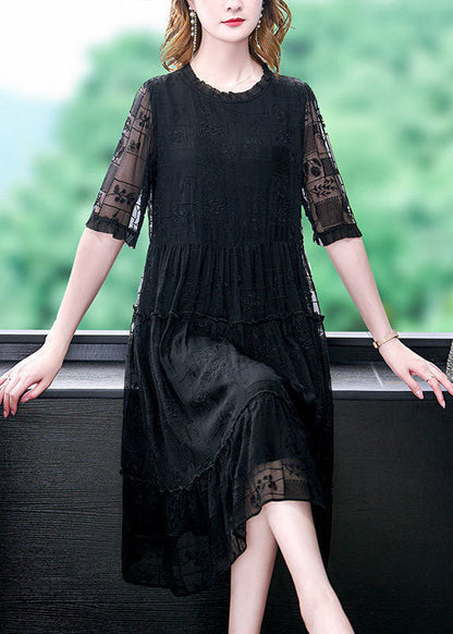 Black O-neck Ruffled Embroideried Silk Long Dresses Summer
