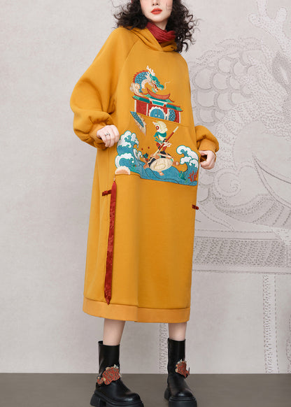 Loose Yellow Hooded Embroidered Warm Fleece Long Dress Spring