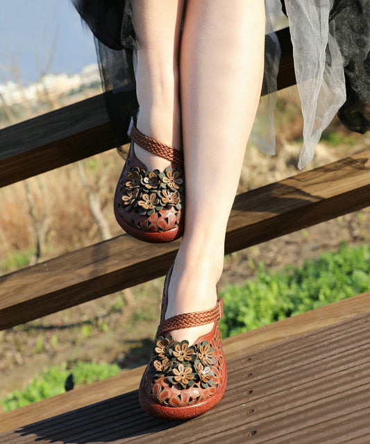Coffee High Wedge Heels Cowhide Leather Splicing Hollow Out