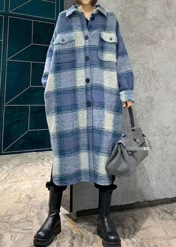 Plaid Peter Pan Collar Button Woolen Long Shirt Coats Spring