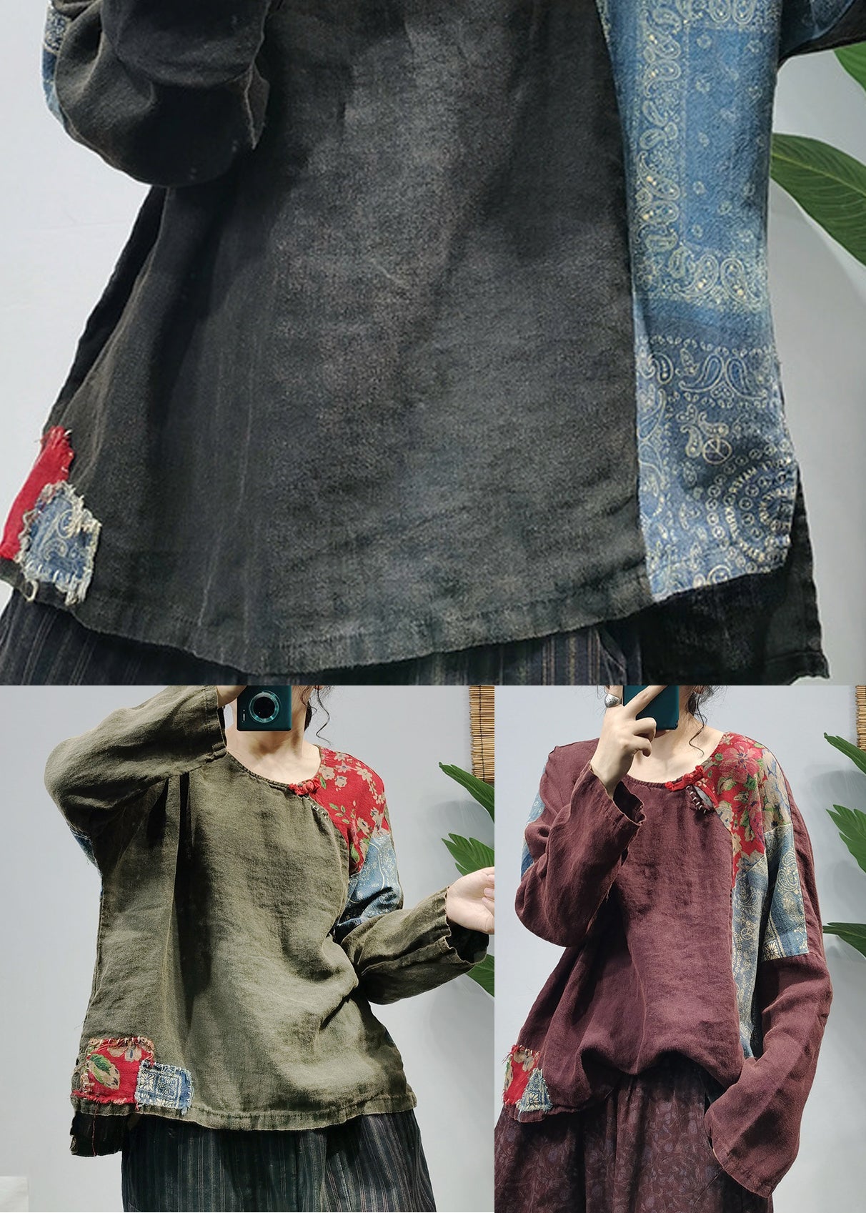 Fine Mulberry Side Open Patchwork Linen Blouses Long Sleeve