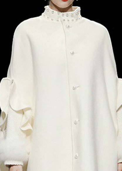 Diy White Stand Collar Patchwork Nail Bead Button Woolen Coat Fall