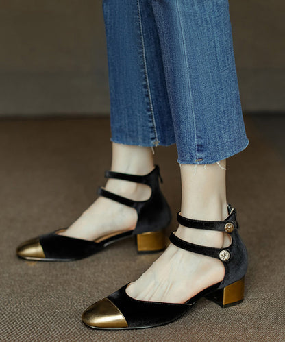 Champagne Velour Splicing Cowhide Leather Chunky Sandals