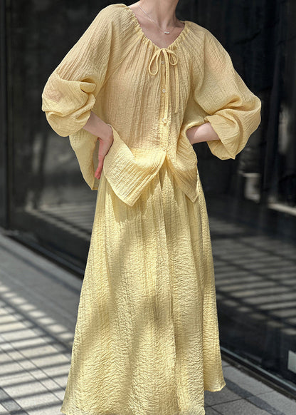 French Yellow Lace Up Tops and Skirts Cotton Two Pieces Set Spring
