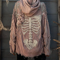 Comstylish Skeleton Pink Floral Beaded Washed Cozy Hoodie