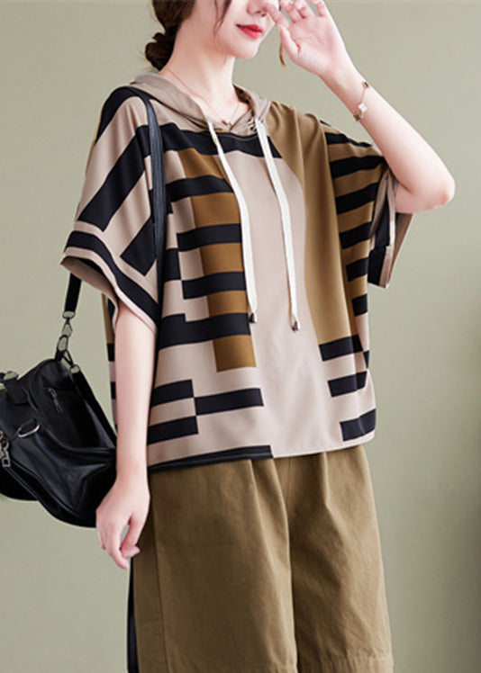 Grey Striped Patchwork Hooded Shirt Summer