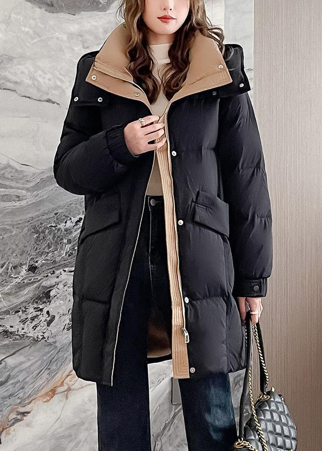 Black Zippered Hooded Pockets Duck Down Coat Winter
