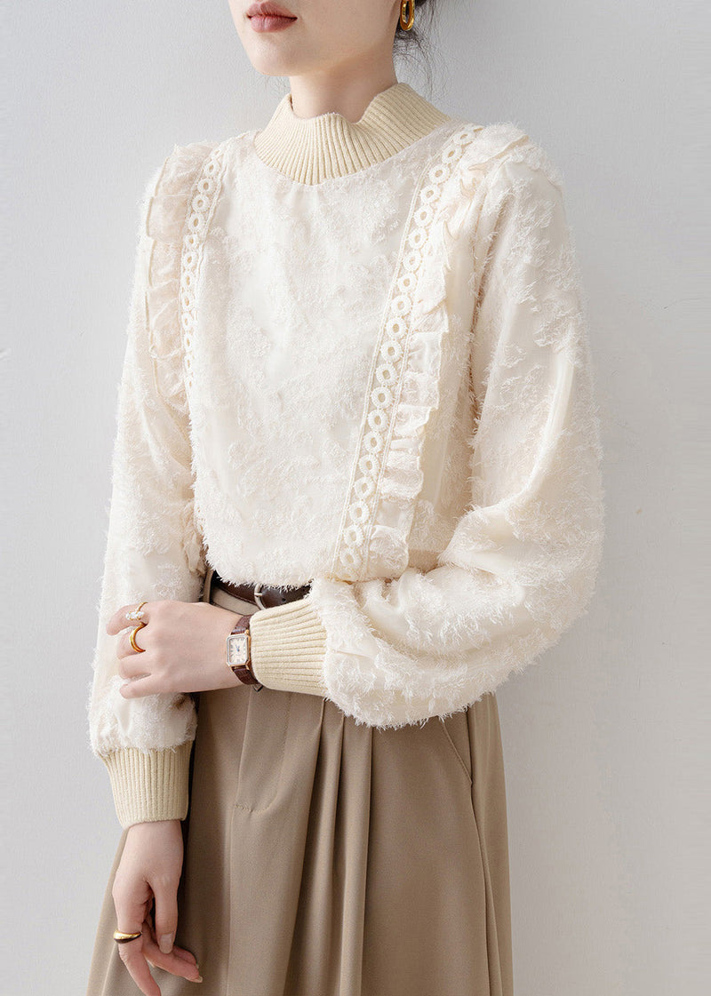 Diy Beige Stand Collar Patchwork Warm Fleece Blouses Winter