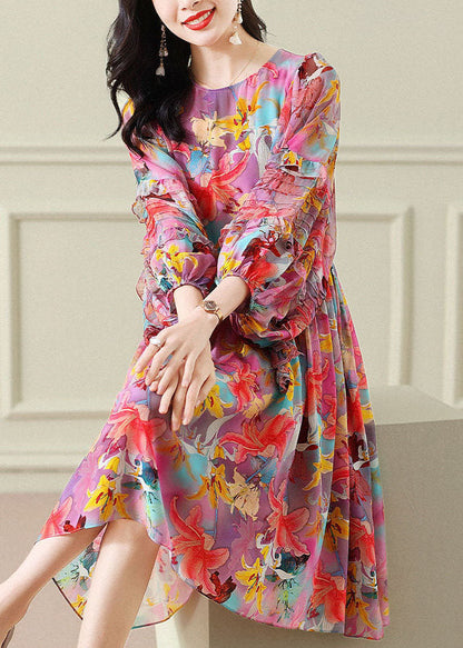 Modern Colorblock O Neck Wrinkled Patchwork Print Chiffon Dress Spring