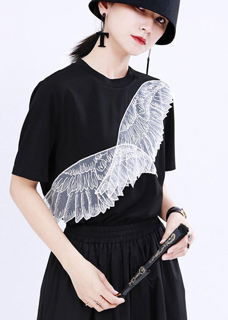 Black Embroidery Appliques Cotton Tee Summer
