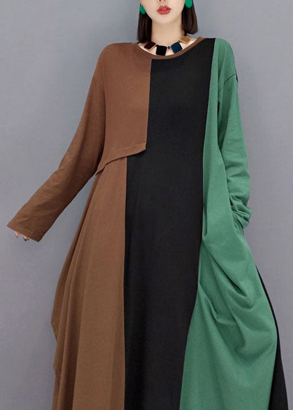 Diy Green O-neck Pockets Asymmetrical Patchwork Long Dresses Spring