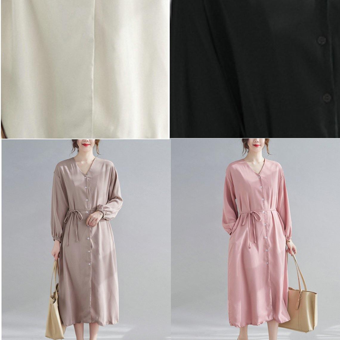 Simple V Neck Drawstring Spring Tunics Pink Art Dress
