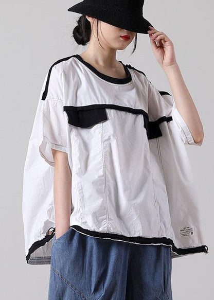 French White Cotton Shirt Tops Summer Short Sleeve
