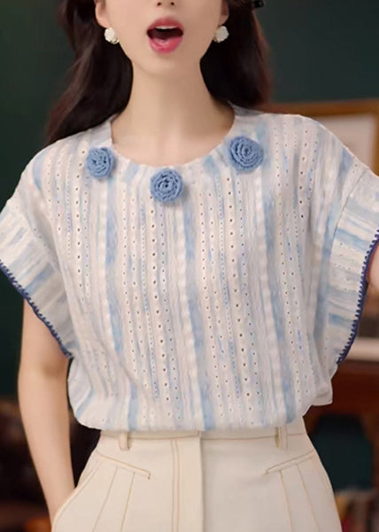 Organic Blue Decorated Hollow Out Cotton Tanks Summer