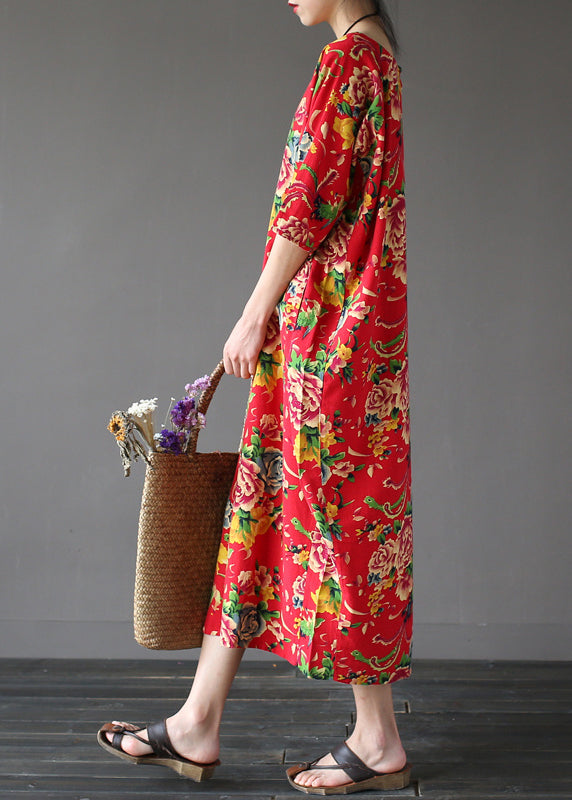 Unique Red O-neck Print Holiday Cozy Maxi Dress Summer