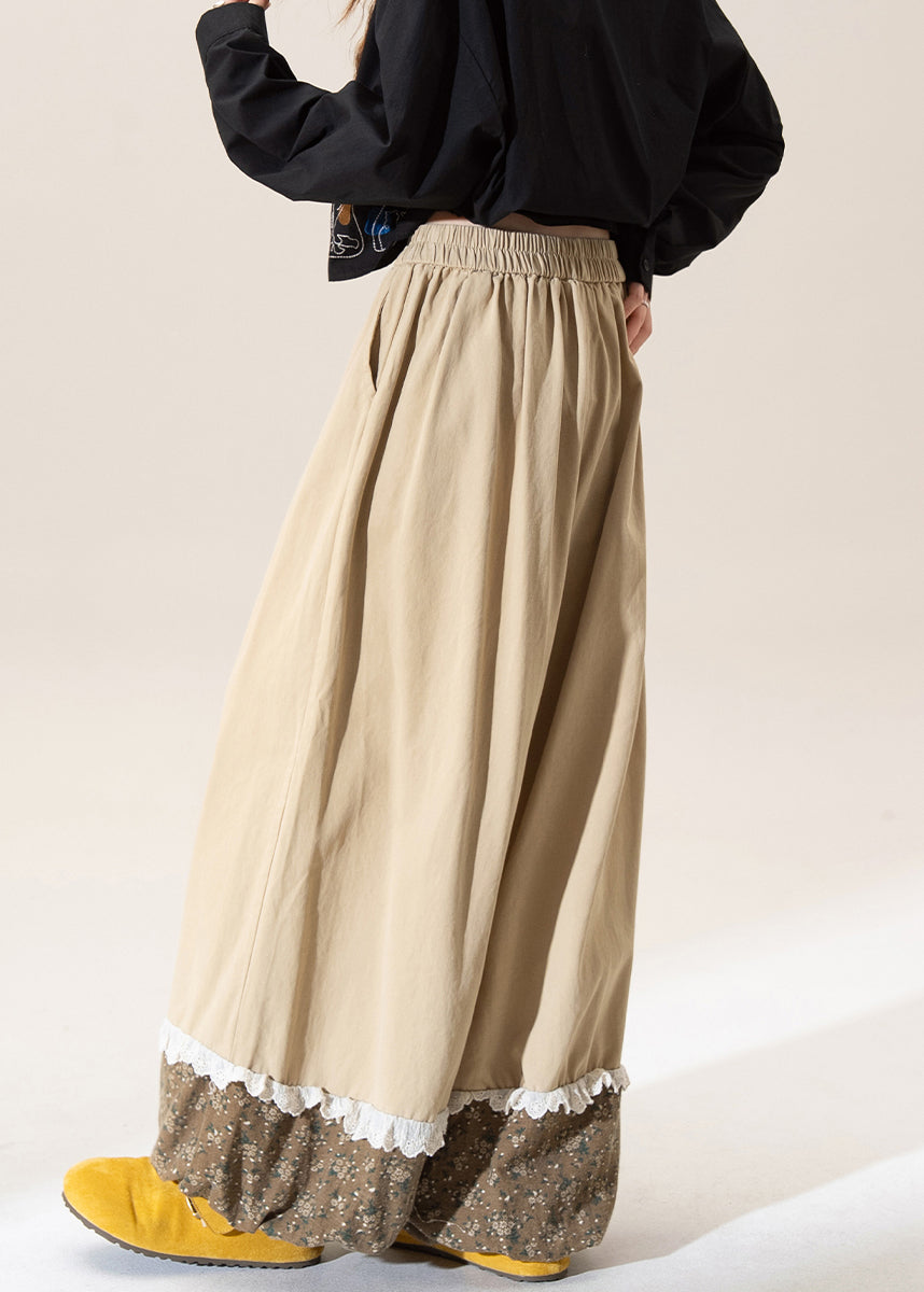 Khaki Print Patchwork Elastic Waist Cotton Pants Fall
