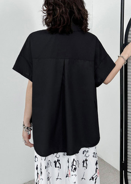Black Zippered Asymmetrical Patchwork Cotton Blouses Short Sleeve