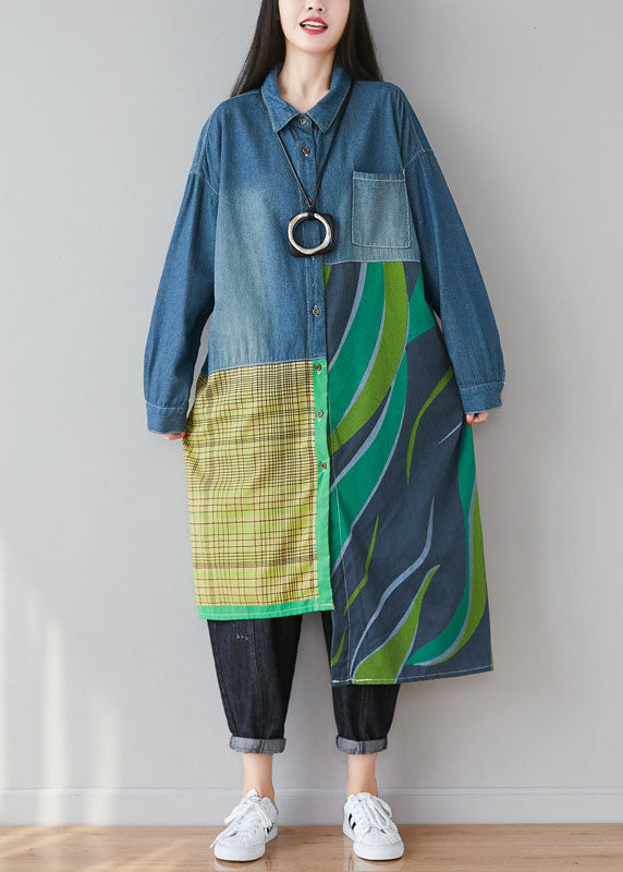 Blue Asymmetrical Patchwork Print Cotton Denim Trench Coats Spring