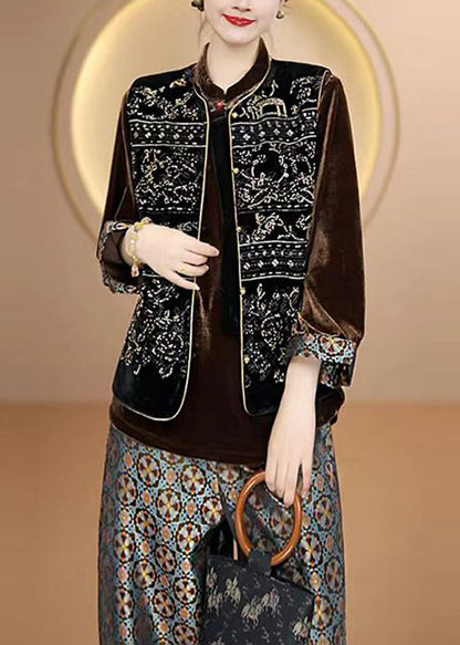 Black O Neck Embroideried Silk Vest Top Sleeveless