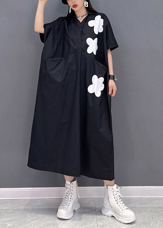 Black Patchwork Pockets Button Cotton Dress Short Sleeve Summer