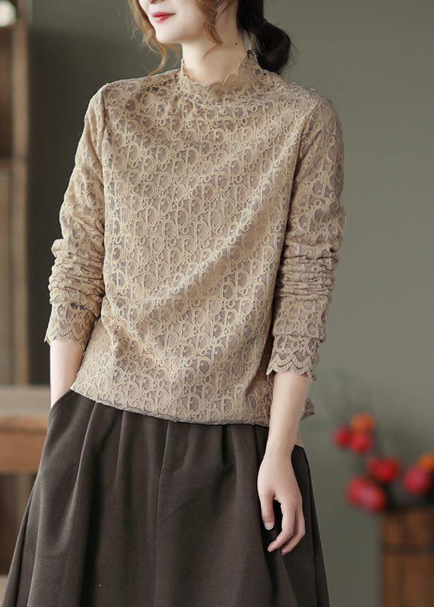 Khaki Clothes Stand Collar Lace Spring Top