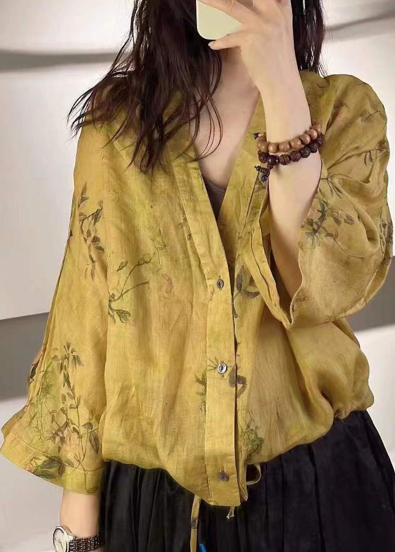 Yellow Print Button Laceup Linen Blouse Tops Fall