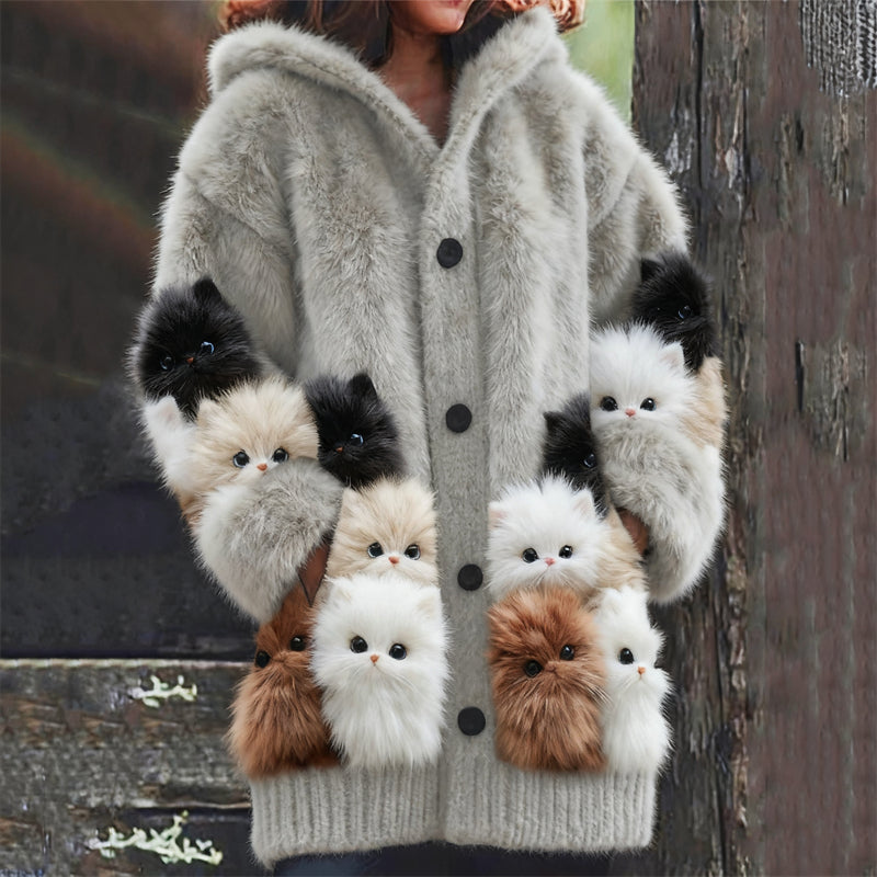 Comstylish Lovely Fuzzy Kittens Cats Cozy Knit Hooded Cardigan