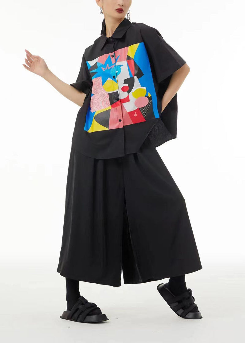 Black Oversized Print Cotton Shirt Summer