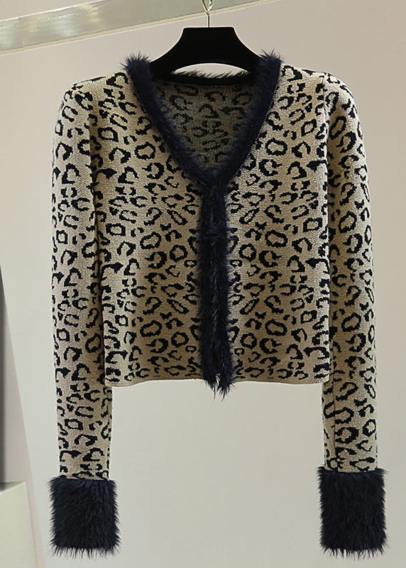 Leopard V Neck Print Patchwork Cotton Knit Sweater Winter